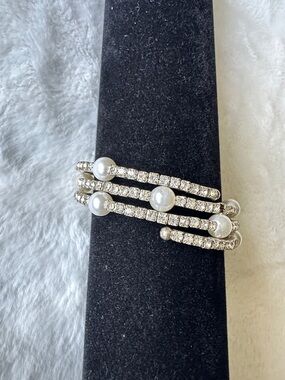 Silver Pearl & Crystal Three-Row Cuff Bracelet